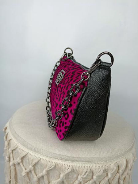 HIT piękna czarna torebka EGO z różowym zwierzęcym wzorem skóra naturalna zdjęcie 4