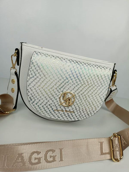 Piękna półokrągła biała torebka Laura Biaggi z holograficzną klapką zdjęcie 2
