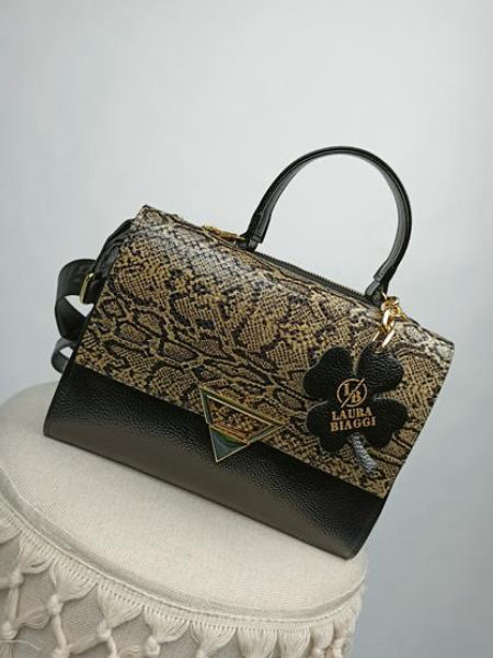 Świetny kuferek Laura Biaggi czarny z klapką w wężowy brązowy print dwie komory zdjęcie 1