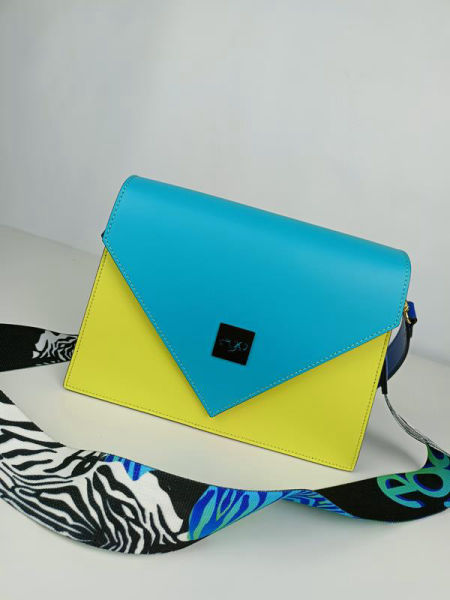 HIT przepiękna niebieska torebka EGO z trójkątną klapką z dodatkiem limonki skóra naturalna zdjęcie 2