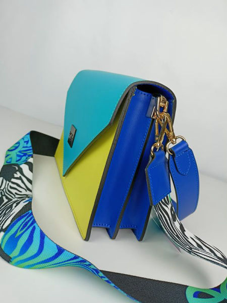 HIT przepiękna niebieska torebka EGO z trójkątną klapką z dodatkiem limonki skóra naturalna zdjęcie 3
