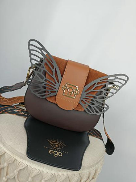 Piękna brązowa torebka EGO SEVEN SENSES  z jasną karmelową klapką ze skrzydłami kolekcja 2YOU-wymienne klapki skóra naturalna zdjęcie 2
