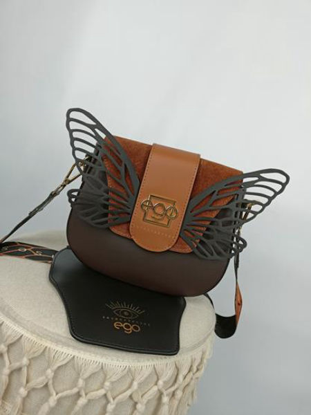 Piękna brązowa torebka EGO SEVEN SENSES  z jasną karmelową klapką ze skrzydłami kolekcja 2YOU-wymienne klapki skóra naturalna zdjęcie 3