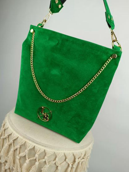 Piękna shopperka Laura Biaggi zielona z łańcuszkiem zamsz zdjęcie 2